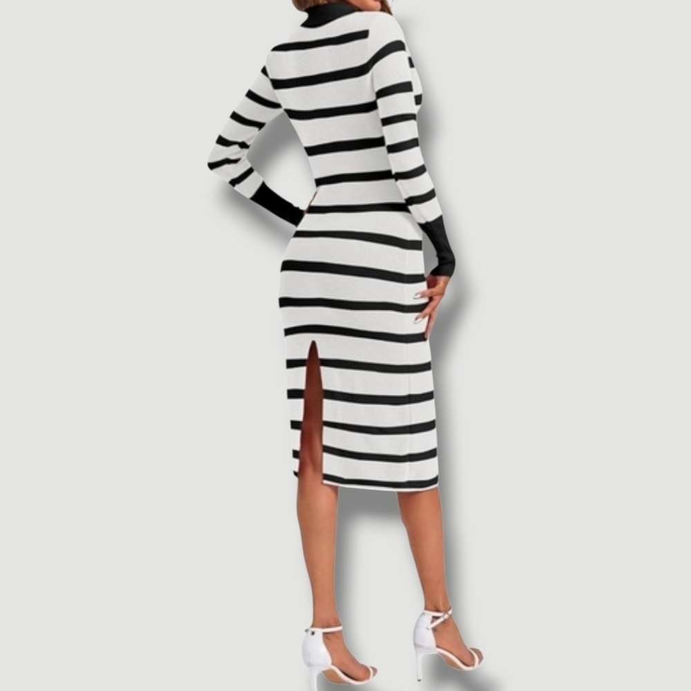 Zwurew - Large Striped Bodycon W/ Lapel V Neck - Picture 4 of 9